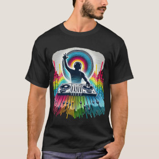 Dynamic DJ Silhouette T-Shirt with Vibrant Equaliz