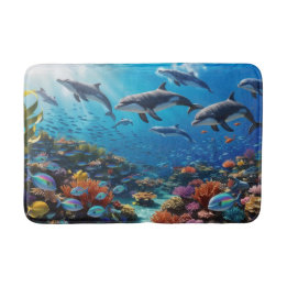 Dynamic Dolphin Pod & Fishes - Vibrant Coral Reef Bath Mat