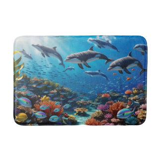 Dynamic Dolphin Pod & Fishes - Vibrant Coral Reef Bath Mat