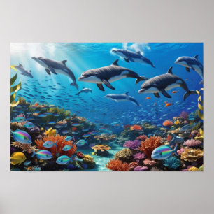 Dynamic Dolphin Pod & Fishes - Vibrant Coral Reef Poster