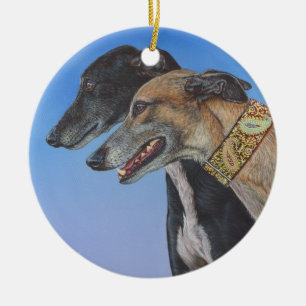 Dynamic Duo Doberman Whippet dog painting art Ceramic Tree Decoration