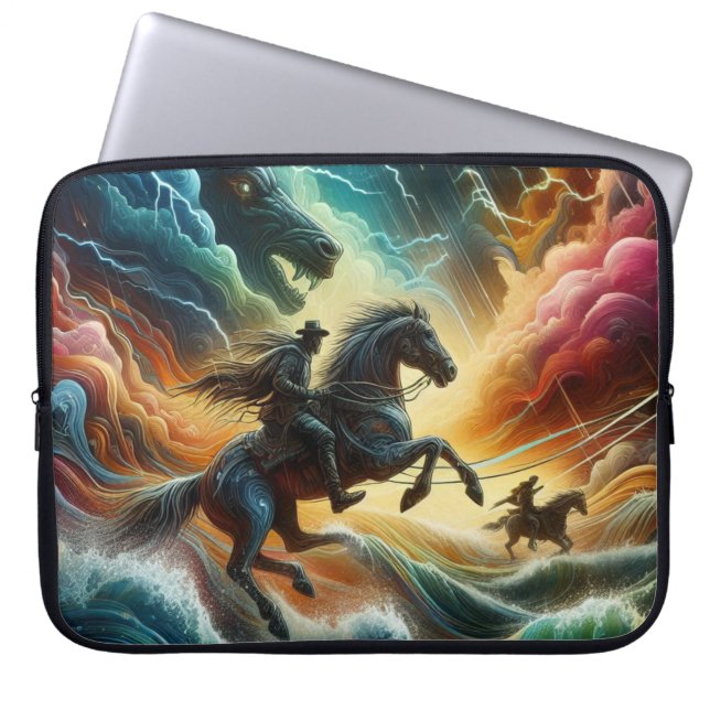 Dynamic Duo: Stormy Horseback Adventure Laptop Sleeve (Front)
