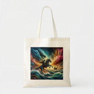 Dynamic Duo: Stormy Horseback Adventure Tote Bag