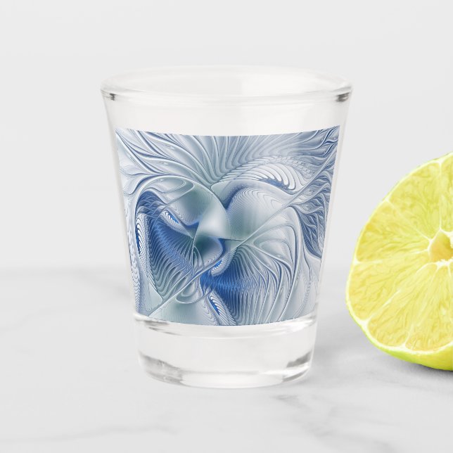 Dynamic Fantasy Abstract Blue Tones Fractal Art Shot Glass (Front)