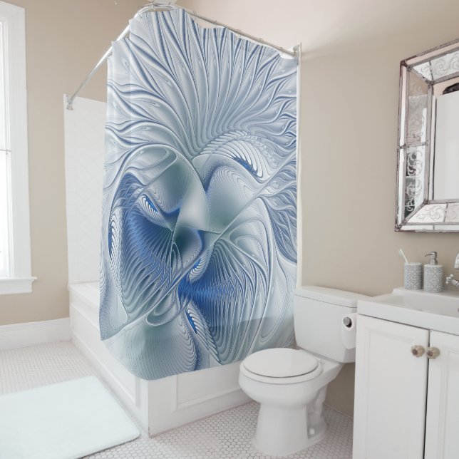 Dynamic Fantasy Abstract Blue Tones Fractal Art Shower Curtain (In Situ)