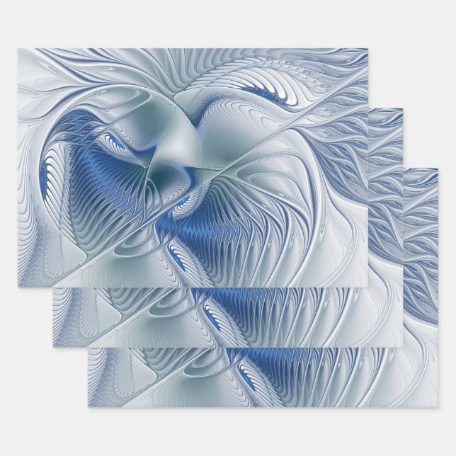 Dynamic Fantasy Abstract Blue Tones Fractal Art Wrapping Paper Sheet (Set)