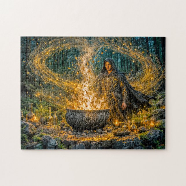 Dynamic Fantasy Wizard with Glowing Magical Cauldr Jigsaw Puzzle (Horizontal)
