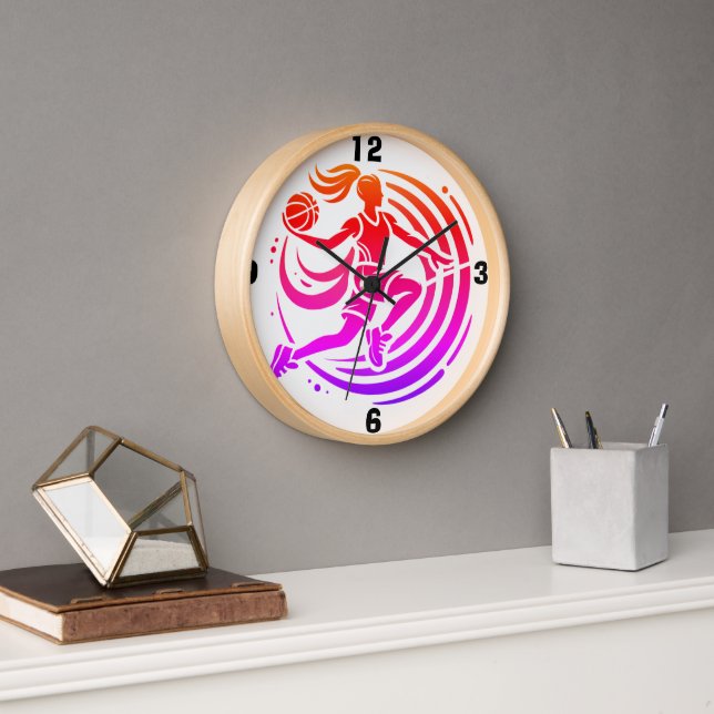 Dynamic Female Basketball Silhouette Logo Clock (Office)