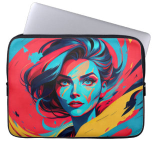 Dynamic Female Face In Bright Teal Yellow & Red Laptop Sleeve