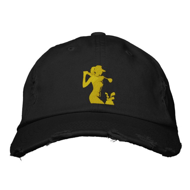 Dynamic Female Golfer Mid-Swing Bold Design Embroidered Hat (Front)