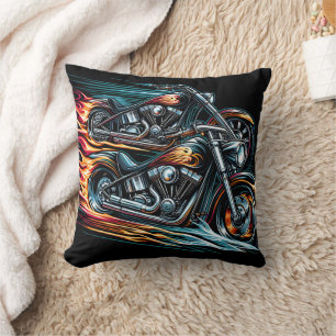 Dynamic fiery motorcycle racing through the night cushion