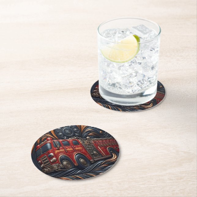 Dynamic Fire Truck Leather Art Round Paper Coaster (Insitu)