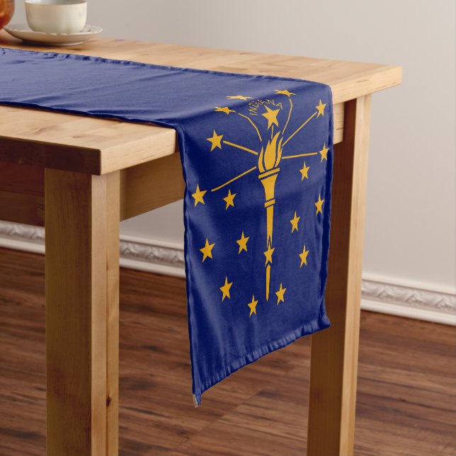 Dynamic Indiana State Flag Graphic on a Short Table Runner (In Situ)