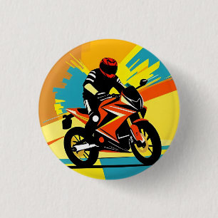 Dynamic Motorbike Illustration with Rider 3 Cm Round Badge