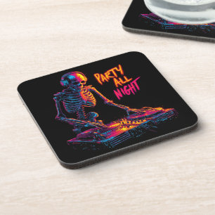Dynamic Neon-Colored Skeleton DJ Spinning Records Coaster