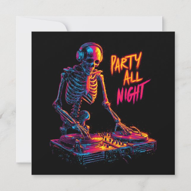 Dynamic Neon-Coloured Skeleton DJ Spinning Records (Front)