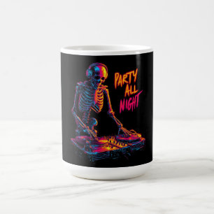 Dynamic Neon-Coloured Skeleton DJ Spinning Records Coffee Mug