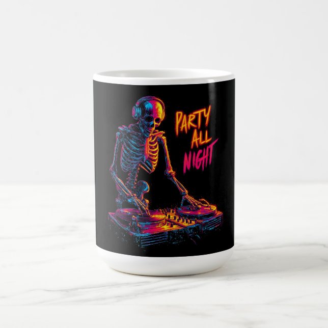 Dynamic Neon-Coloured Skeleton DJ Spinning Records Coffee Mug (Center)