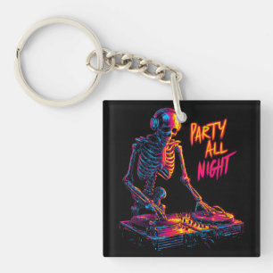 Dynamic Neon-Coloured Skeleton DJ Spinning Records Key Ring