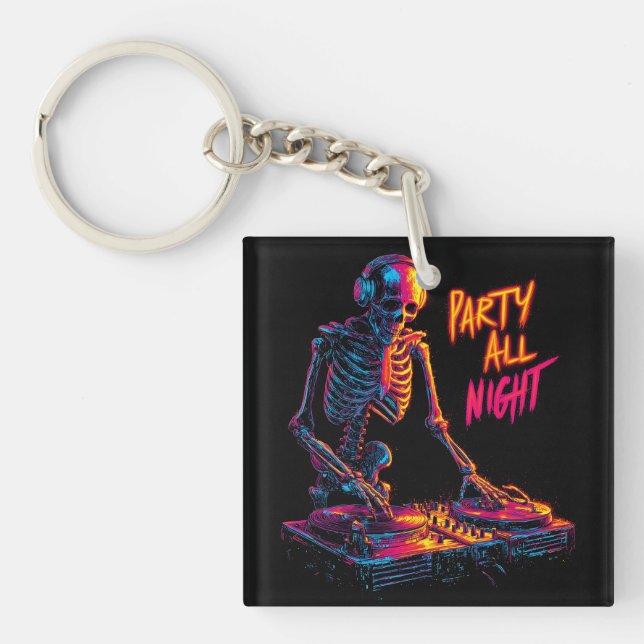 Dynamic Neon-Coloured Skeleton DJ Spinning Records Key Ring (Front)