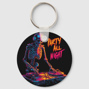 Dynamic Neon-Coloured Skeleton DJ Spinning Records Key Ring