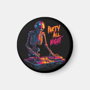 Dynamic Neon-Coloured Skeleton DJ Spinning Records Magnet