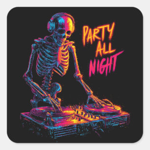 Dynamic Neon-Coloured Skeleton DJ Spinning Records Square Sticker