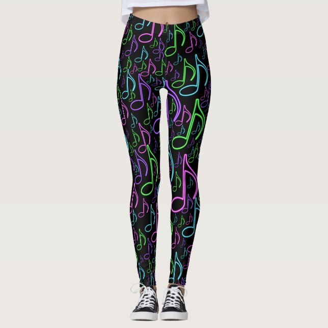 Dynamic Neon Eighth Notes Random Pattern Leggings (Front)