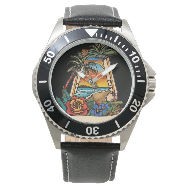 Dynamic ocean waves design: Men's Vintage Black  Watch (Front)
