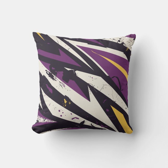 Dynamic Purple and Yellow Geometric Abstract Art Cushion (Front)