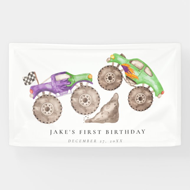 Dynamic Purple Green Monster Trucks Birthday  Banner (Horizontal)