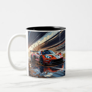 Dynamic Racing Car Illustration with Splashing Mud Two-Tone Coffee Mug