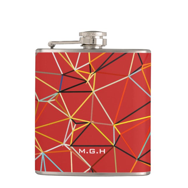 Dynamic Red Abstract Geometric Monogram Hip Flask (Front)