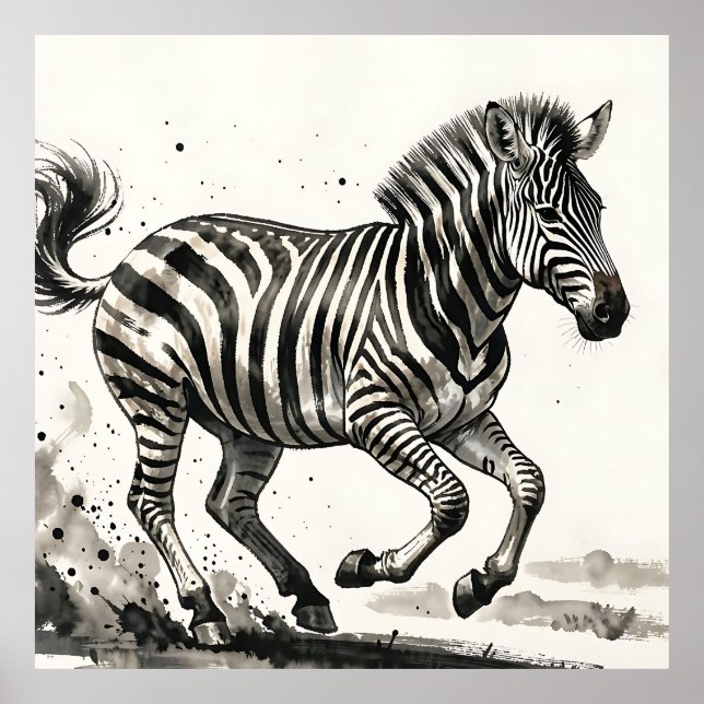 Dynamic Running Zebra Ink Art Poster (Front)