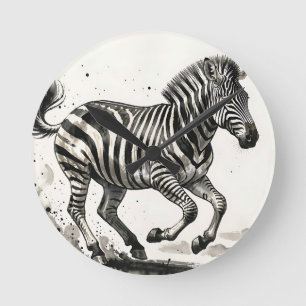 Dynamic Running Zebra Ink Art Round Clock