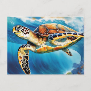 Dynamic Sea Turtle Wave Watercolor Postcard