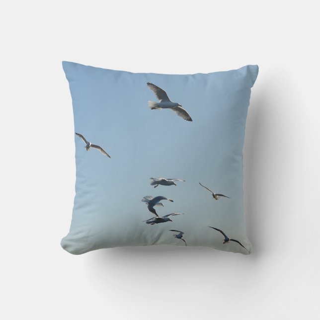 Dynamic Seagulls In Flight Coastal Birds Blue Sky  Cushion (Front)