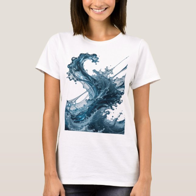Dynamic Silver WATER WAVE Artistic Motif T-Shirt (Front)