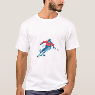 Dynamic Skier in Retro Sticker Design T-Shirt