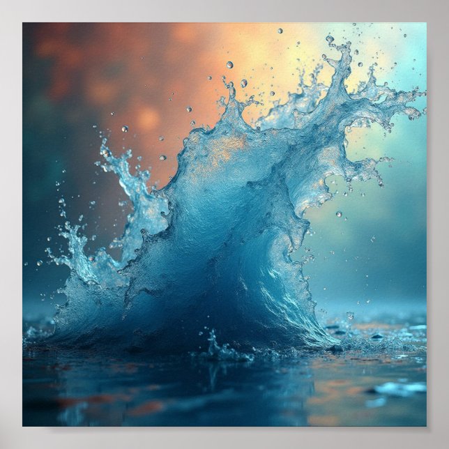 Dynamic splash of turquoise water reflecting warm  poster (Front)