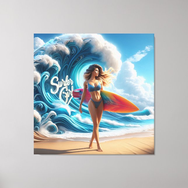 Dynamic Surfer Girl Walking Beach Waves Art Canvas Print (Front)