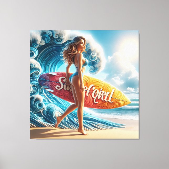 Dynamic Surfer Girl Walking Beach Waves Art Canvas Print (Front)