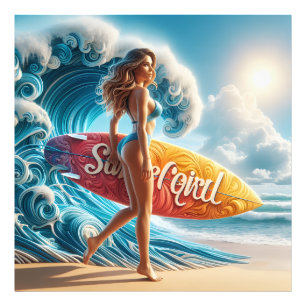 Dynamic Surfer Girl Walking Beach Waves Art Photo Print