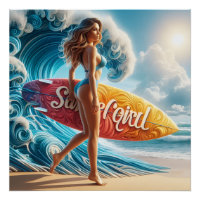 Dynamic Surfer Girl Walking Beach Waves Art