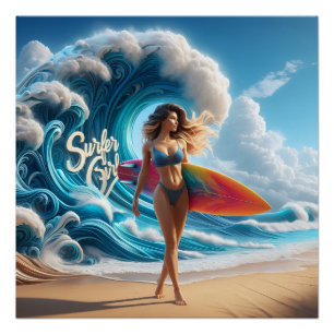 Dynamic Surfer Girl Walking Beach Waves Art Poster