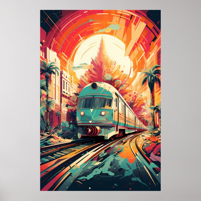 Dynamic Tracks: Vibrant Train Art on Abstract Rail Poster (Front)