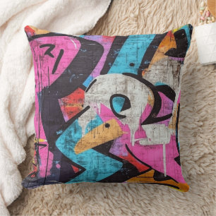 Dynamic Urban Mural with Vivid Graffiti Colours Cushion