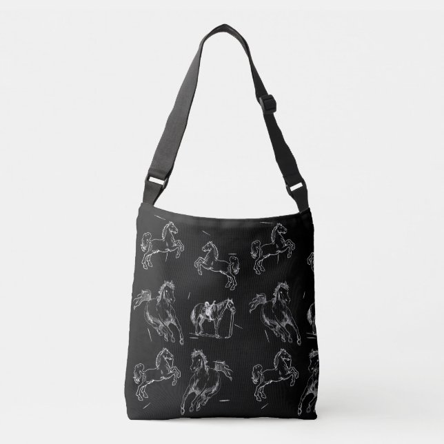 Dynamic White Line Horse Art Pattern on Black Crossbody Bag (Front)