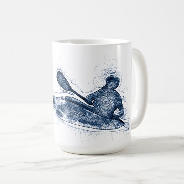 Dynamic Whitewater Kayaker Line Art Coffee Mug (Front Right)