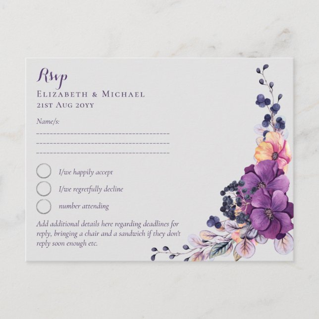 Dynasty RSVP MENU Purple Ginger Floral Wedding Postcard (Front)